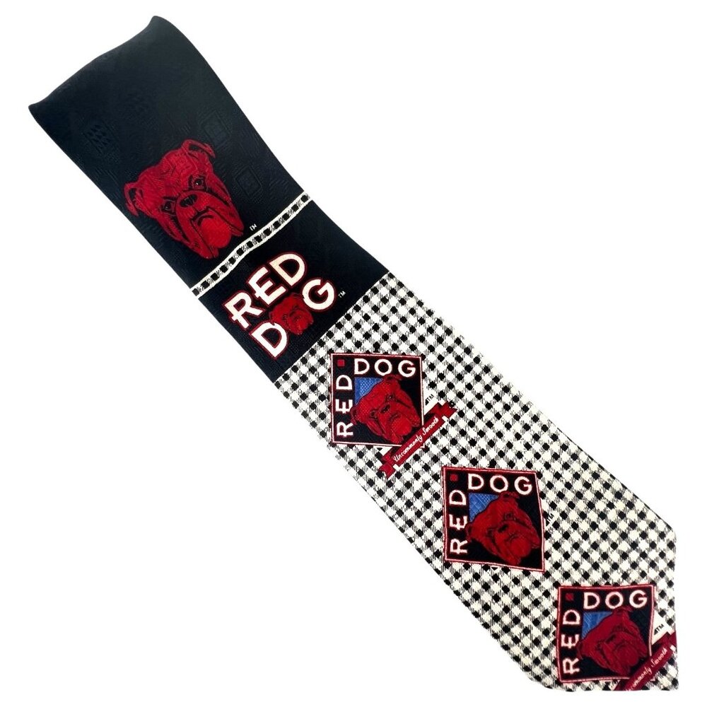 Red Dog Mens Necktie 100% Polyester Black & White Checkered With Red Dog Graphic